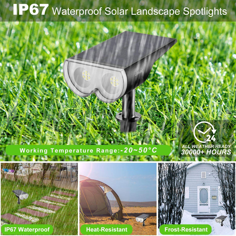 Linkind StarRay 16 LEDs Solar Landscape Spotlights, Dusk-to-Dawn IP67 Waterproof Solar Powered Spot Lights, 6500K Daylight White, Outdoor Wall Lights for Garden Yard Driveway Porch Walkway, 2 Pack