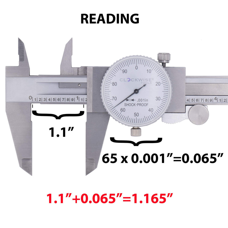 Clockwise Tools DDLR-0805 Pro Dial Caliper 0-8 Inch Double Shock Proof Stainless Steel Body SAE Measuring Tool