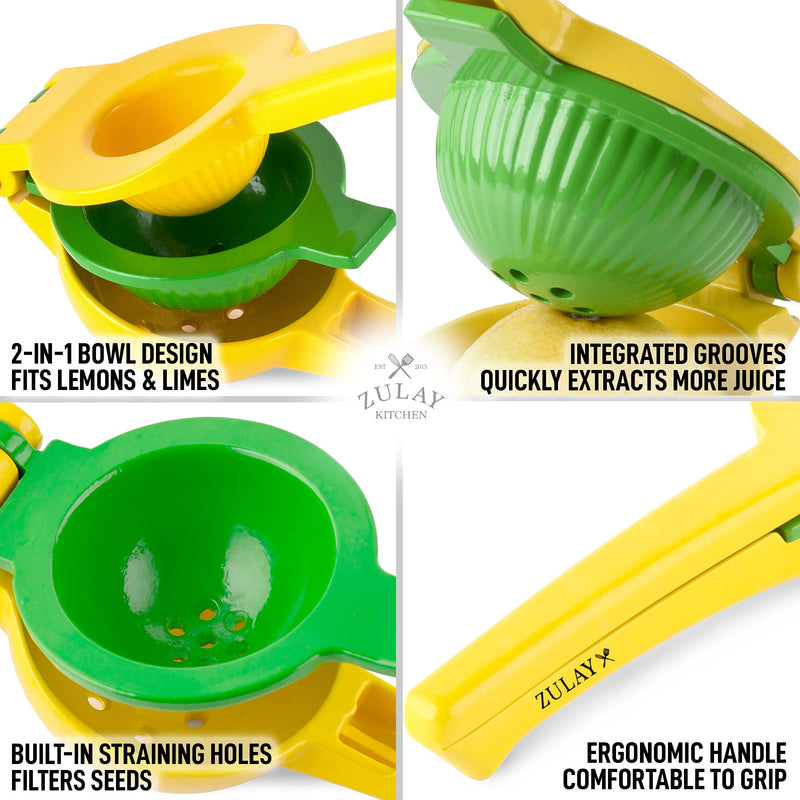 Zulay Premium Metal Lemon Lime Squeezer - Manual Citrus Press Juicer Medium Handheld Classic Yellow and Green