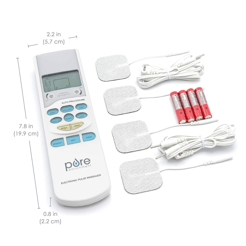 Pure Enrichment PurePulse TENS Electronic Pulse Stimulator Featuring Comprehensive LCD Screen, 6 Programs, 3 Massage Settings, and 2 Channels - Includes 4 AAA Batteries + 4 Reusable Electrode Pads