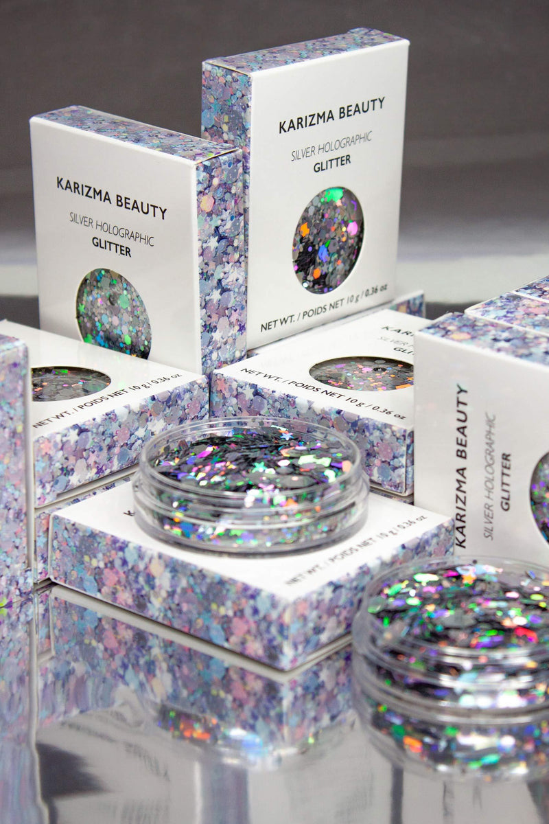 Silver Holographic Chunky Glitter âœ® KARIZMA Beauty âœ® 10g Festival Glitter Cosmetic Face Body Hair Nails Silver Holographic