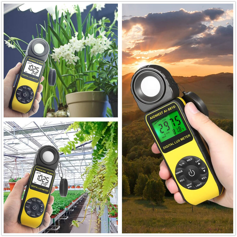 ANNMETER AN-881D Digital Illuminance Meter, Lux Meter with 0.01-400,000 Lux (0.01-40,000 FC) Foot Candle Measuring Ranges, Light Meter for Plants, Par Meter with 270°Rotatable Detector AI-881D Illuminance Meter Range 0.1~400,000Lux