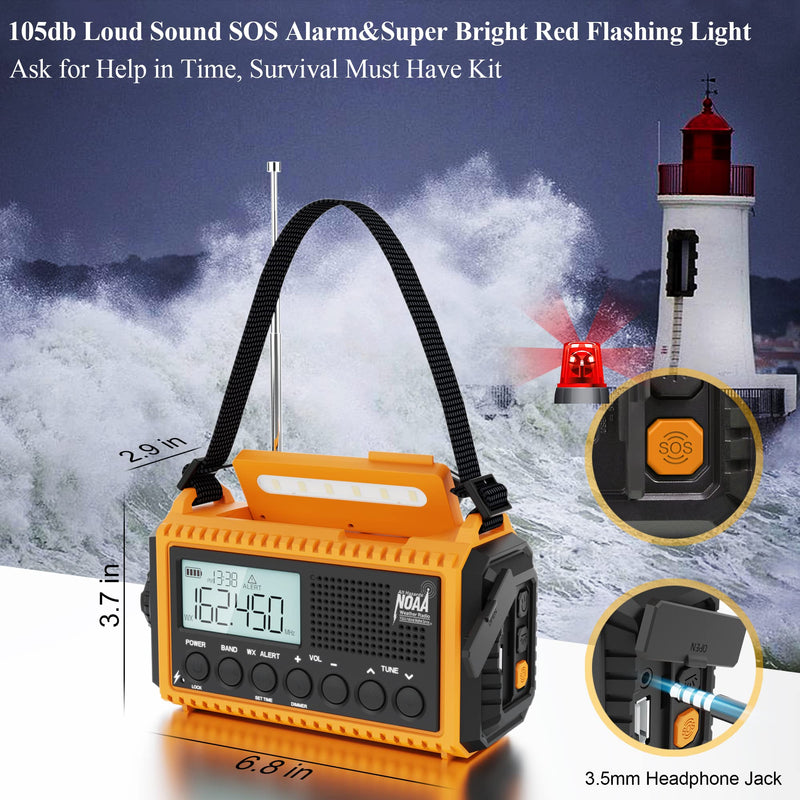 Emergency Radio,5000 Digital Weather Radio with AM/FM/NOAA/SW,SOS Survival Portable Radio,5 Way Powered Solar Hand Crank Radio with USB Charger, Flashlight, Reading Lamp, Headphone Jack for Outdoor Yellow
