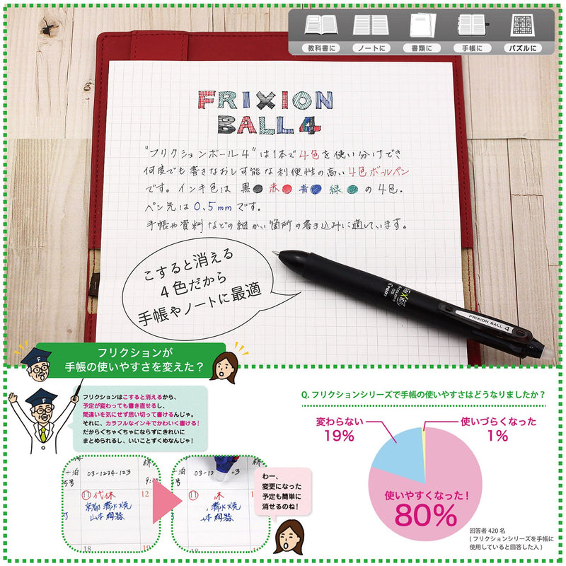 Pilot Frixion Ball Knock 4 Color Gel Ink Multi-Pen, Black (LKFB-80EF-B)