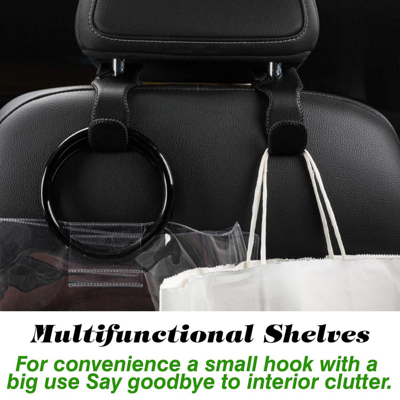 LivTee Black Superior Leather Car Seat Back Headrest Hooks, Car Hook Hangers Interior Accessories for Purse Coats Umbrellas Grocery Bags Handbag, 2-Pack