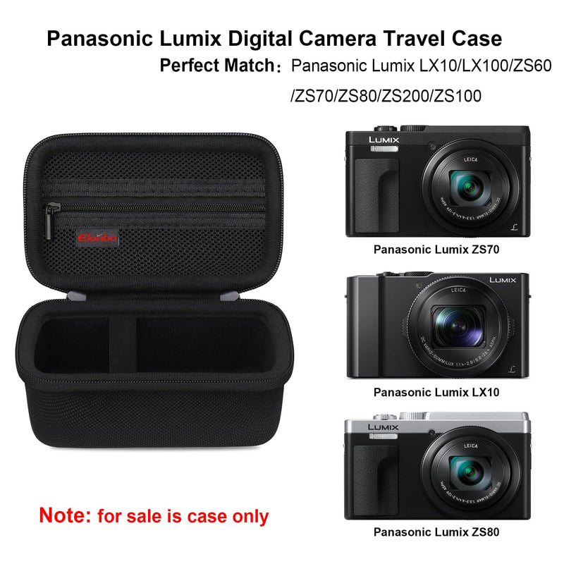 Elonbo Hard Travel Case for Panasonic Lumix LX10/LX100/ZS60/ZS70/ZS80/ZS200/ZS100 4K Digital Camera, Travel Digital Camera Storage Cover Bag Organizer Holder, Mesh Pocket fits Battery Charger. Black