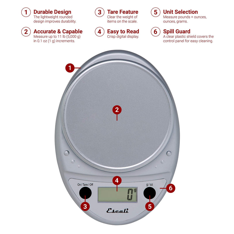 Escali Primo P115C Precision Kitchen Food Scale for Baking and Cooking, Lightweight and Durable Design, LCD Digital Display, 8" x 6" x 1.25", Chrome