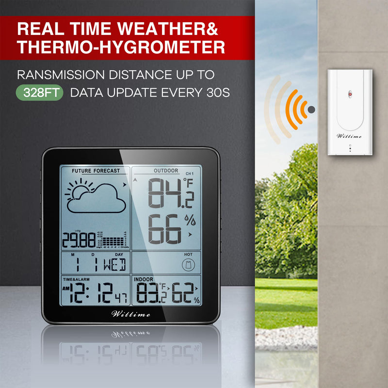 Wittime 2180 Weather Station Indoor Outdoor Thermometer Wireless Hygrometer Wireless Digital Temperature and Humidity Monitor Inside Outside Thermometer for Home with Sensor