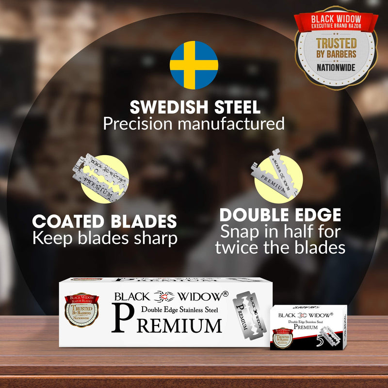 Black Widow Premium Double Edge Razor Blades - Swedish Steel Premium Razor Blades for Safety Razors and Straight Edge Razors - (100 Count)