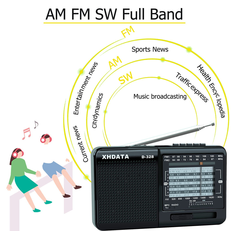 XHDATA D-328 Shortwave AM FM DSP Portable Small Multi Band Radio Stereo MP3 Player with Rechargeable Battery Earphone Jack Portable Multimedia Speaker with USB Micro SD Card Jack (Black) Black