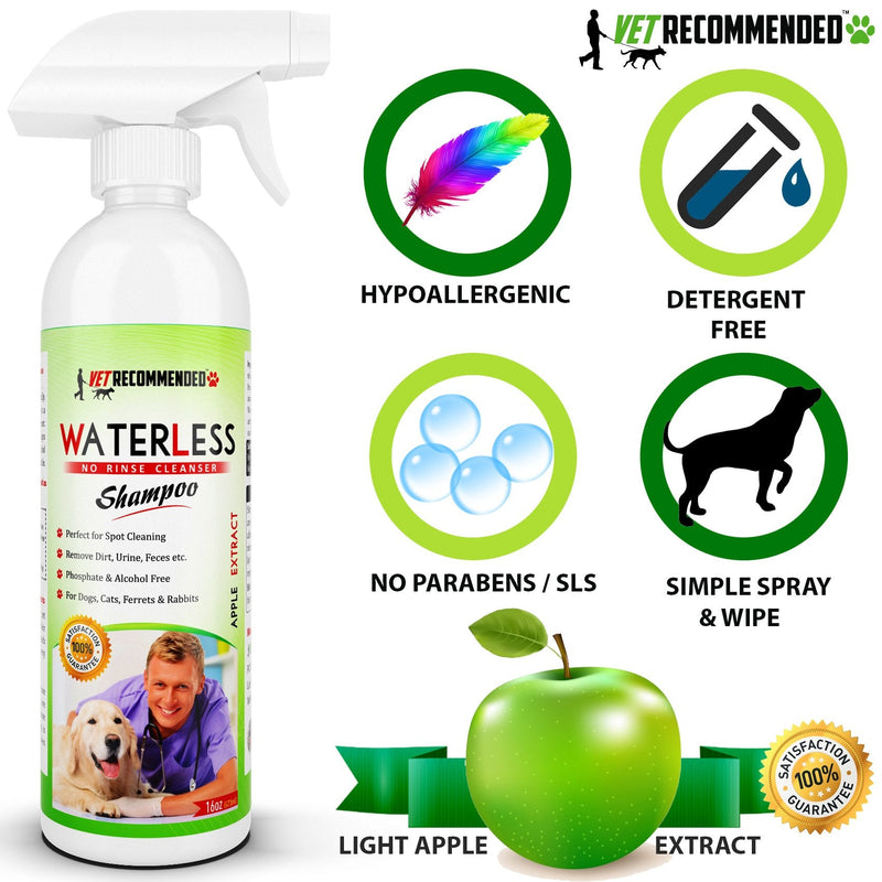 Vet Recommended Waterless Dog Shampoo No Rinse Dry Shampoo for Dogs (16oz/473ml), Detergent and Alcohol Free, Apple Extract - Perfect for Spot Cleaning The Dog Coat - Made in USA