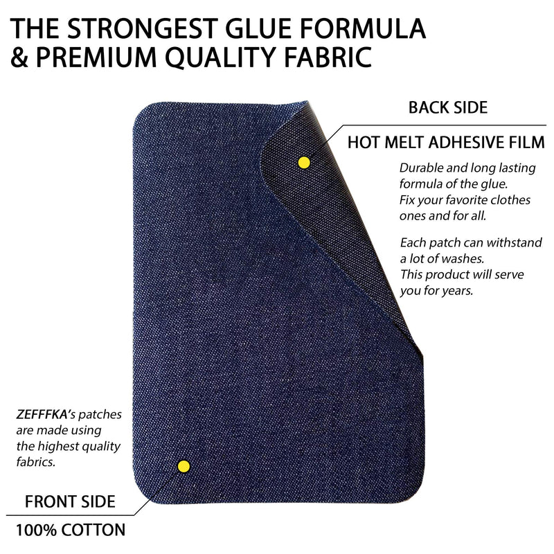 ZEFFFKA Premium Quality Denim Iron-on Jean Patches Inside & Outside Strongest Glue 100% Cotton Assorted Shades of Blue Repair Decorating Kit 12 Pieces Size 3" by 4-1/4" (7.5 cm x 10.5 cm)