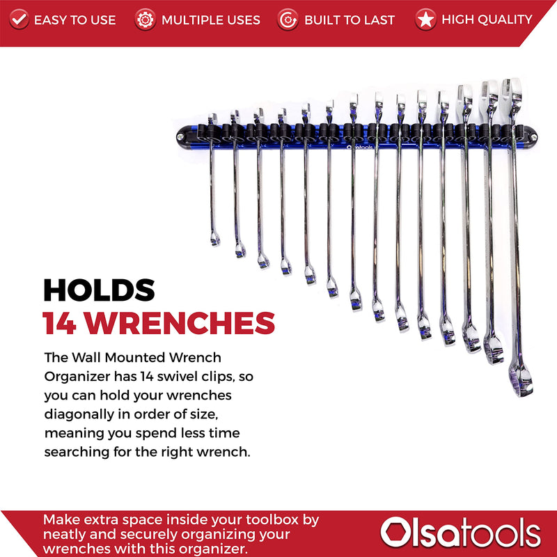 Olsa Tools Wall Mount Wrench Organizer with Rotating Clips | Blue Anodized Aluminum + Black Clips | Premium Quality Wrench Holder | 14 Wrenches Fit Rack Blue Aluminum + Black Clips