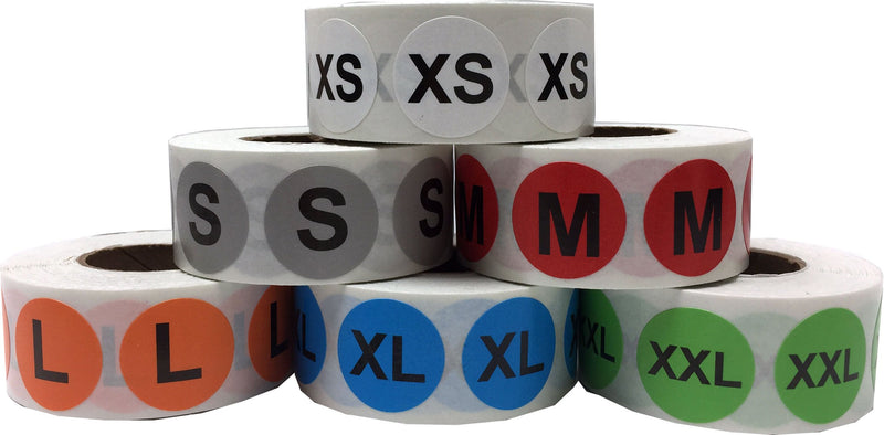 Color Coded Circle Clothing Size Stickers Pack, 19 mm 3/4 Inch Round, Includes 1 Roll of XS, S, M, L, XL, and XXL, 500 Total Labels per Size