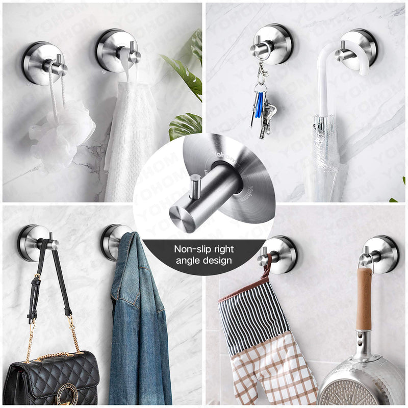 Yohom 2Pcs SUS 304 Stainless Steel Vacuum Suction Cup Hooks Shower Holder - Removable Bathroom Shower Hook Suction Towel Rack and Kitchen Organizer for Towel Hook, Bathrobe and Loofah,Brushed Finish Brushed