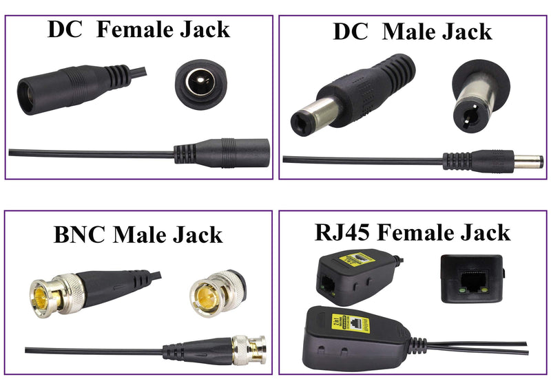 AAOTOKK Power Video Balun DC BNC to Cat5 RJ45 Network Transceiver HD-CVI/TVI/AHD/CVBS with DC Connector for 720P 960P 1080P 3MP 4MP 5MP 8MP CCTV Security DVR Surveillance Camera System(18cm-4Pairs) 4Pairs