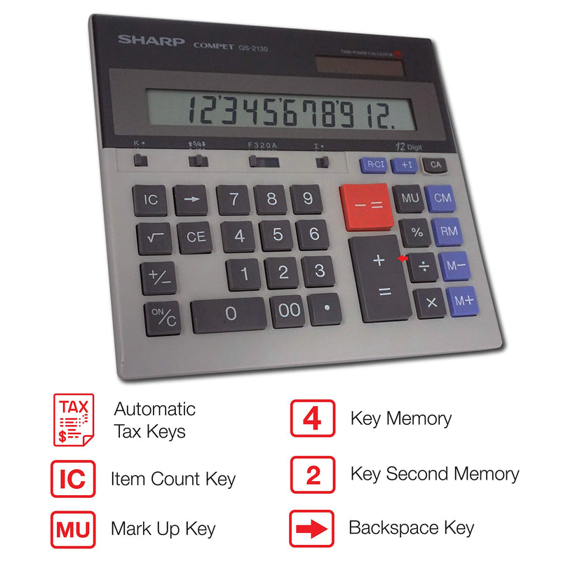 Sharp QS-2130 12-Digit Commercial Desktop Calculator with Kickstand, Arithmetic Logic, Battery and Solar Hybrid Powered LCD Display, Great For Home and Office Use,Gray and Black