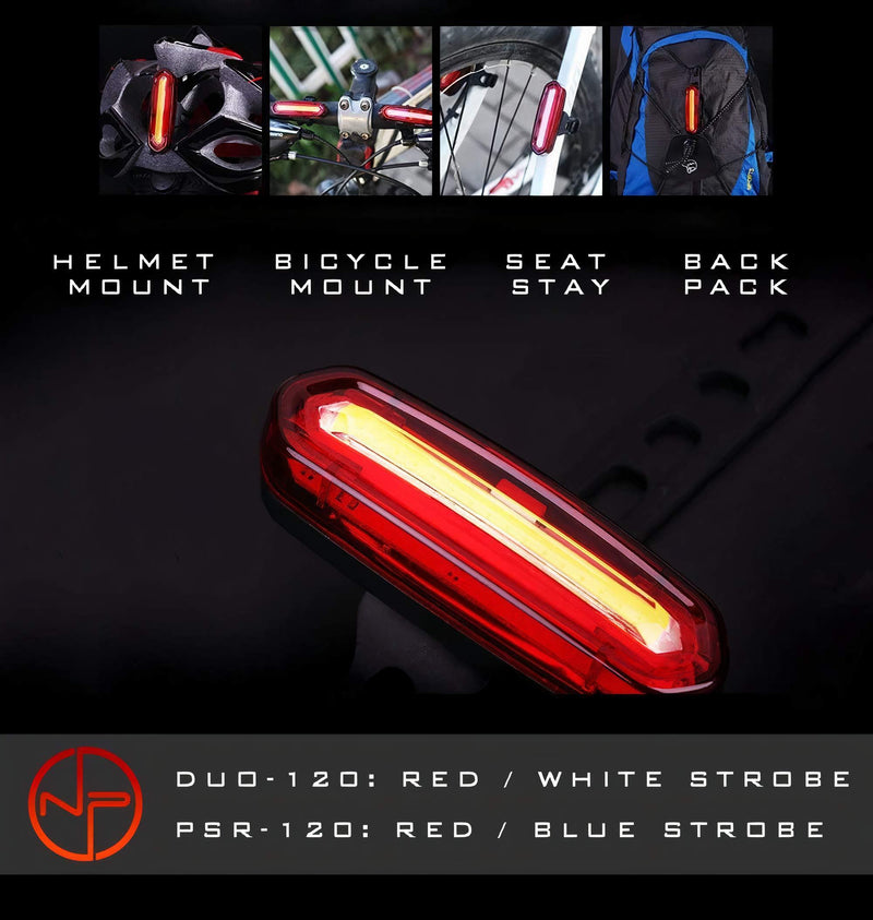 NP NIGHT PROVISION DUO-120 Red/White Strobe Back Rear Bike Light USB Rechargeable COB LED Lights PSR-120 Police Patrol Red/Blue Strobe Safety Warning Firefighter Police DUO-120: RED & WHITE LED (RED CASE)