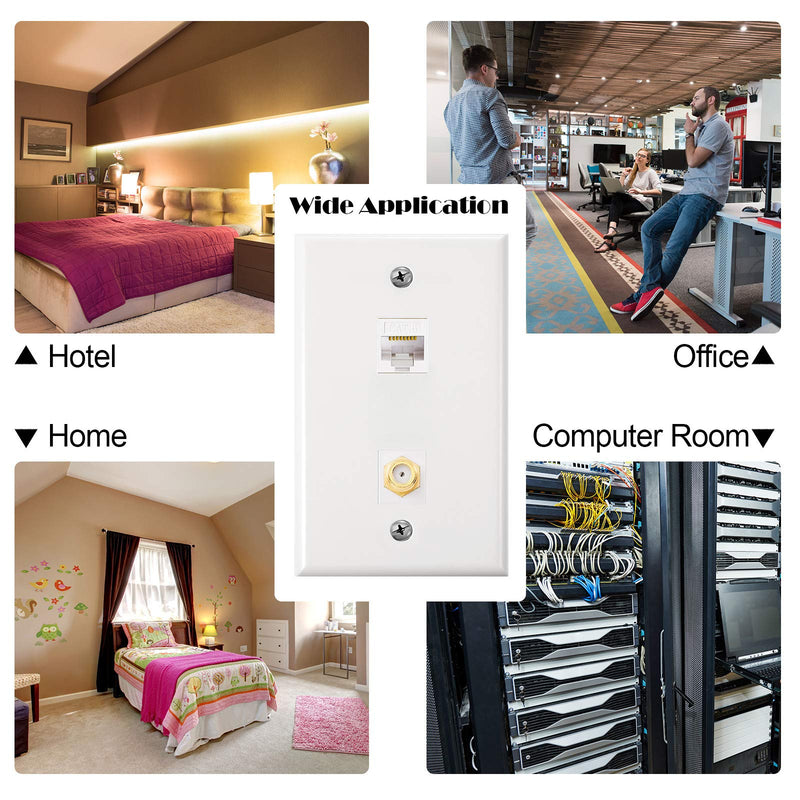4 Pack Ethernet Coax Wall Plates, Cat6 Coax Wall Plate with Ethernet Port and Gold-Plated TV Coax Cable F-Type Port (White) White