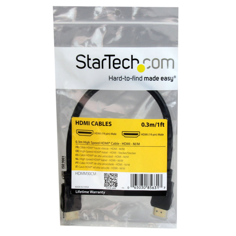 StarTech.com 0.3m 1ft Short High Speed HDMI Cable - Ultra HD 4k x 2k HDMI Cable - HDMI M/M - 30cm HDMI 1.4 Cable - Audio/Video Gold-Plated (HDMM30CM),Black 0.3 meter