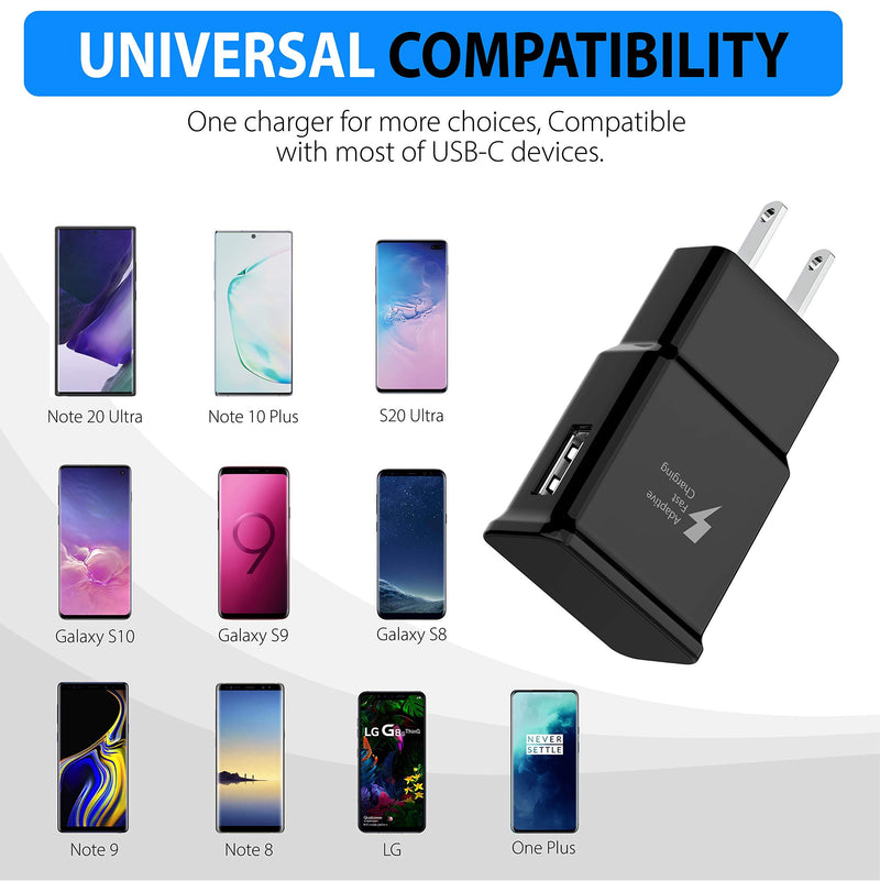 TT&C Adaptive Fast Charger kit with USB Type C Cable【6.6ft】 Compatible with Samsung Galaxy S8/S8 Plus/S9/S10/S10 Plus/S10e/ S20/S20 Plus/S21/S21 Ultra/Note 8/Note 9/Note 10/Note 20 (2 Pack)