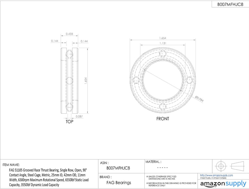 FAG 51105 Grooved Race Thrust Bearing, Single Row, Open, 90° Contact Angle, Steel Cage, Metric, 25mm ID, 42mm OD, 11mm Width, 6300rpm Maximum Rotational Speed, 6550lbf Static Load Capacity, 3550lbf Dynamic Load Capacity