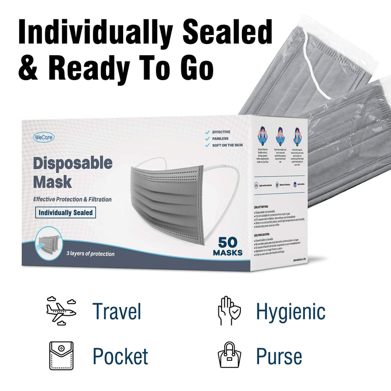 WeCare Adult Disposable Face Mask Individually Wrapped - 50 Pack, Colored Face Masks Gray