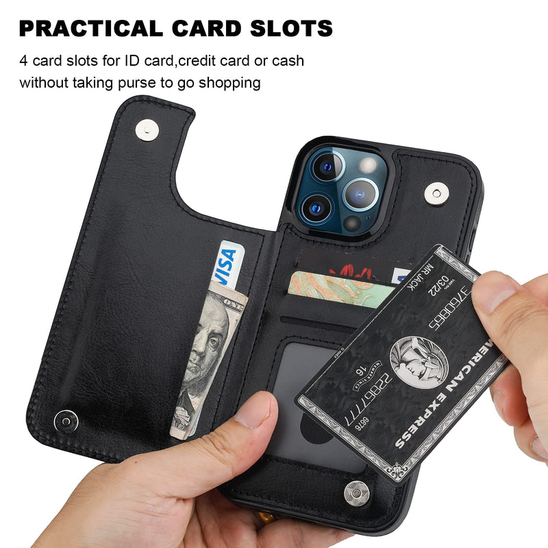ONETOP Compatible with iPhone 13 Pro Max Wallet Case with Card Holder,PU Leather Kickstand Card Slots Case, Double Magnetic Clasp and Durable Shockproof Cover 6.7 Inch(Black) Black