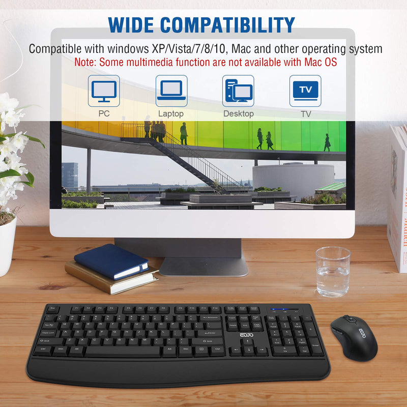 Wireless Keyboard and Mouse Combo, EDJO 2.4G Full-Sized Ergonomic Computer Keyboard with Wrist Rest and 3 Level DPI Adjustable Wireless Mouse for Windows, Mac OS Desktop/Laptop/PC black