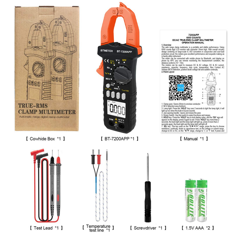 BTMETER BT-7200APP TRMS 6000 Counts Clamp Multimeter, Bluetooth Digital Clamp-on Ammeter for AC/DC Current Voltage Resistance Capacitor Frequency Continuity Temperature NCV