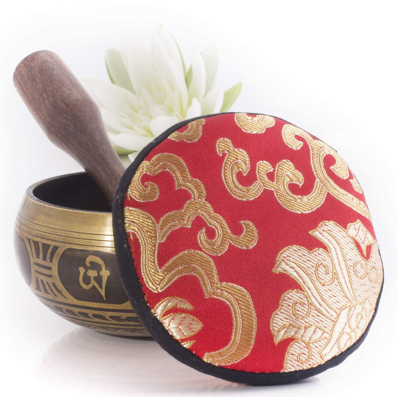 Tibetan Singing Bowl Set ~ Easy to Play with Dual-End Striker & Cushion ~ Beautiful Sound for Holistic Healing, Meditation & Relaxation ~ Gratitude Pattern ~ Antique Light Brown Bowl with Red Pillow