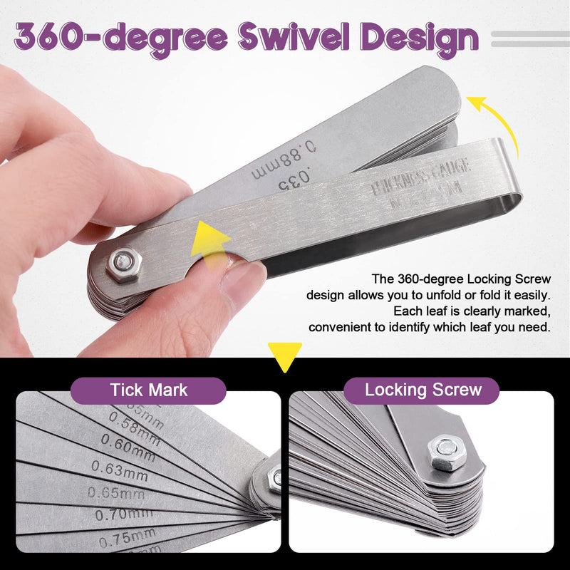 Swpeet 6Pcs 5 Sizes R0.3-1.5/ R1-6.5/ R7-14.5/ R15-25/ R26-80 Stainless Steel Radius Gauge with Feeler Gauge Kit, 5 Sizes Metric and Imperial Arc Fillet Concave Convex Gap Measuring Tool