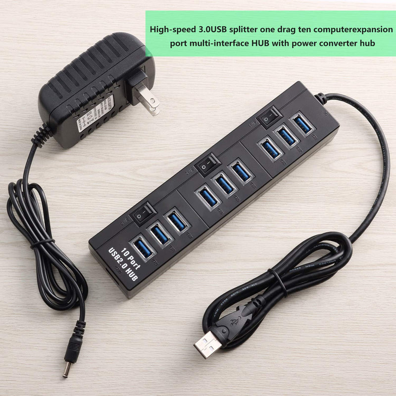 Pasow 10 Port High Speed USB 2.0 Hub with Power Adapter and 3 Control Switches (Black) Black