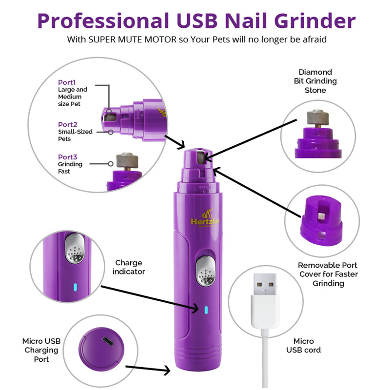 Electric Dog Nail Grinder by Hertzko – Gentle, Painless Paws Grooming, Trimming, Shaping, and Smoothing for Small Medium & Large Dogs, Cats, Rabbits & Birds -Portable & Rechargeable, Includes USB Wire