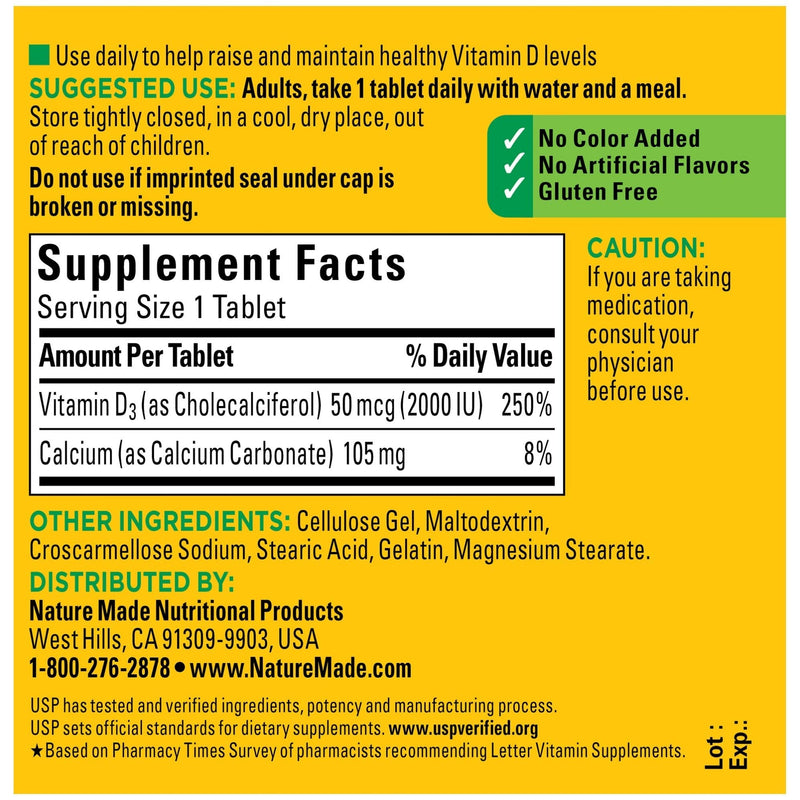 Nature Made Vitamin D3, 100 Tablets, Vitamin D 2000 IU (50 mcg) Helps Support Immune Health, Strong Bones and Teeth, & Muscle Function, 250% of the Daily Value for Vitamin D in One Daily Tablet 100 Count (Pack of 1)