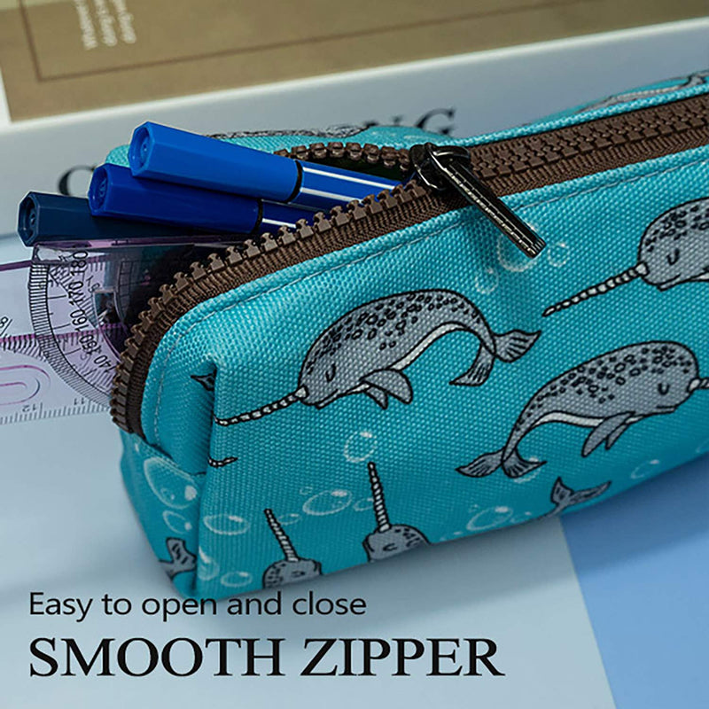 LParkin Cute Narwhal Canvas Pencil Case Pen Bag Pouch Stationary Case Gadget Makeup Cosmetic Bag Box Blue