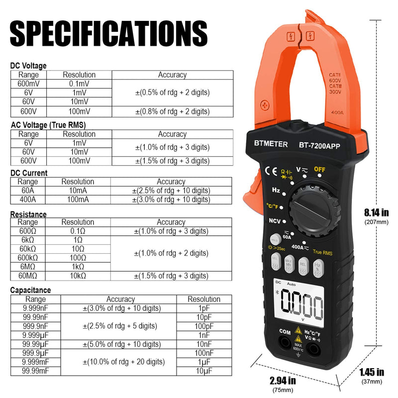BTMETER BT-7200APP TRMS 6000 Counts Clamp Multimeter, Bluetooth Digital Clamp-on Ammeter for AC/DC Current Voltage Resistance Capacitor Frequency Continuity Temperature NCV