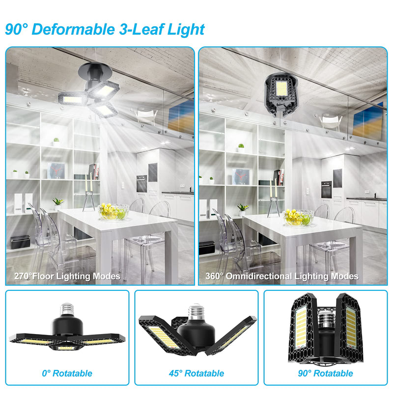 LED Shop Lights 80W LED Garage Lights 3 Leaf garage lights ceiling led Lights for Garage Deformable LED Garage Light with E26 E27 Base Garage Light Bulb for Workshop Basement LED Light Bulb Shop Light 3 Count (Pack of 1)