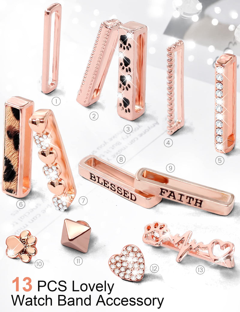 JR.DM 13 Piece Rose Gold Apple Watch Charms With 10-Pcs Decorative Rings Loops & 3-Pcs Classic Clasp, Compatible With Smart Watch 38mm 40mm 41mm 42mm 44mm 45mm Metal Diamond Sliding Strap Accessories for iWatch Series 8 7 6 5 4 3 2 1 (No Watch Band)