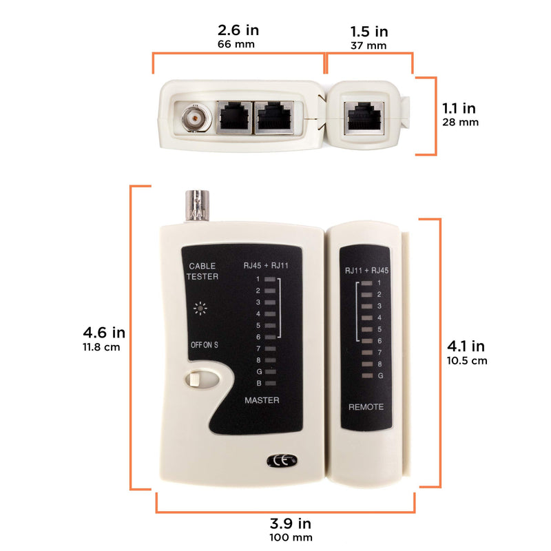 Universal Network Cable Tester Tool, BNC, RJ45, RJ11 (3-in-1) Multi-Tester White