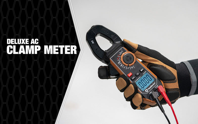 Southwire 21510N clamp meter, third-hand test probe holder, 400A AC current range, CAT III 600V safety rating, built-in non-contact voltage detector, 5 year warranty, Black Brown