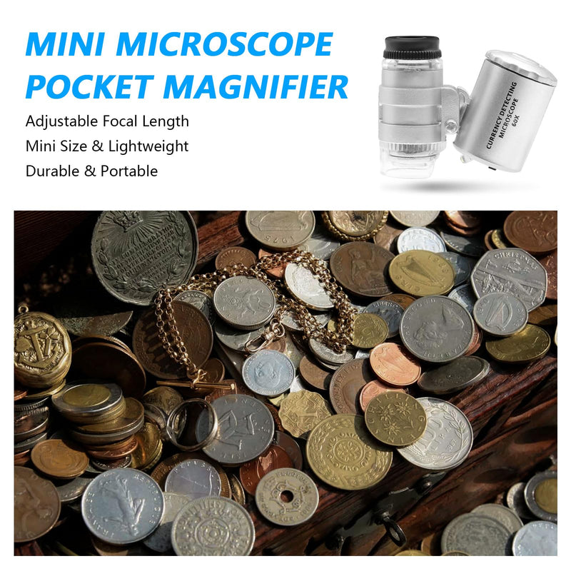 APKLVSR Mini 60X LED Microscope, 60x Mini Pocket Microscope, Mini Microscope, Pocket Microscope Magnifying Glass Microscope for Jeweler Adjustable Magnifying Glass with UV Light