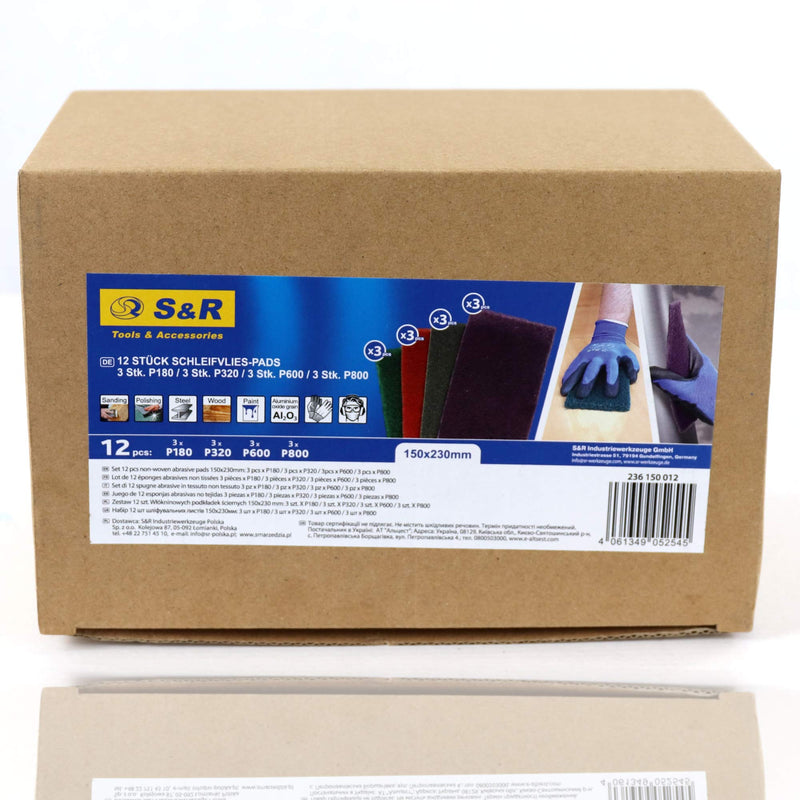 S&R abrasive fleece pads 150 x 230 mm, set of 12 abrasive fleece mats, set of 3 each P180, P320, P600, P800, abrasive fleece for grinding, polishing metal, wood, steel, stainless steel