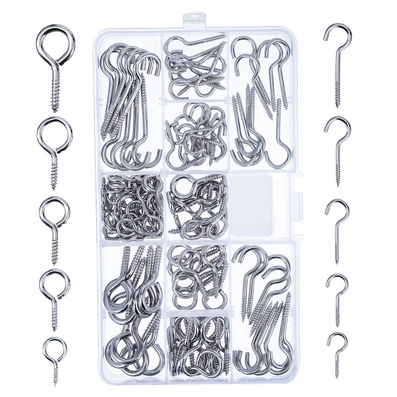 Bememo Screw Hooks and Screw Eyes Kit, Assortment Size Ceiling Hooks Cup Hooks and Eye Bolts, 150 Pieces (Silver) Silver