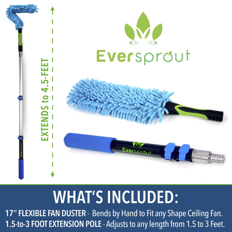 EVERSPROUT 1.5-to-4.5 Foot Flexible Microfiber Ceiling & Fan Duster | 8-10 Ft Standing Reach | Bendable to Clean Any Fan Blade | Removable & Washable Brush Head | Premium Lightweight Extension Pole