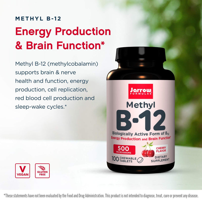 Jarrow Formulas Methyl B-12 500 mcg - 100 Chewable Tablets, Cherry - Bioactive Vitamin B12 - Supports Energy Production, Brain Health & Metabolism - Gluten Free - 100 Servings