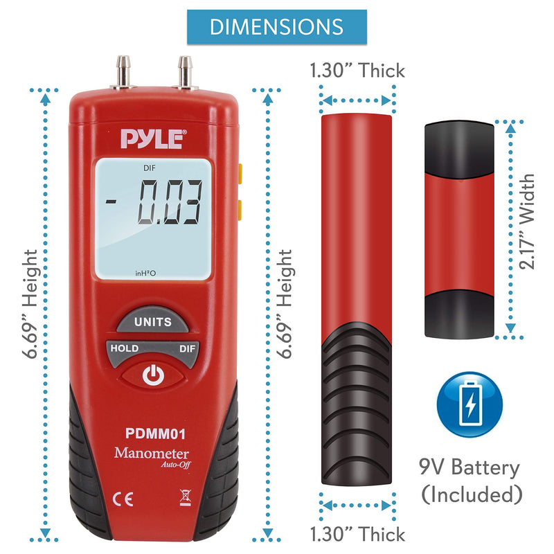 Manometer 11 Unit of Pressure - Meters Digital Measurement Maximum 10 PSI Data Hold & Error Code Measure Gauge Differential Gas Tester - Large LCD Backlit Dual Display w/Auto Power Off - PYLE PDMM01