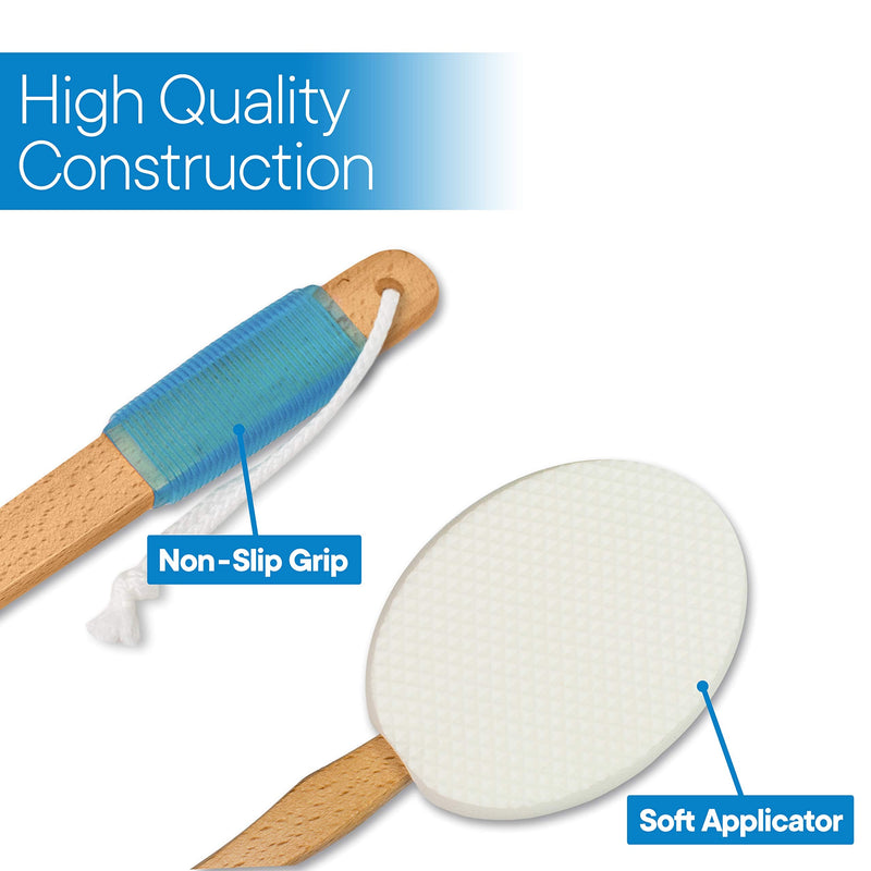 RMS 17.5" Long Lotion Applicator with 4 Pads - Long Handle for Easy Reach and Self Application of Body Wash - Shower Brush for Both Men and Women (Travel Bag Included)