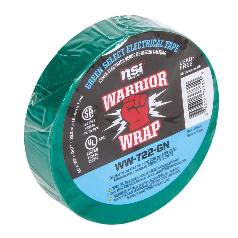 NSi Industries WarriorWrap Select 3/4 in. x 60 ft. 7 mil Vinyl Electrical Tape, Green (WW-722-GN)