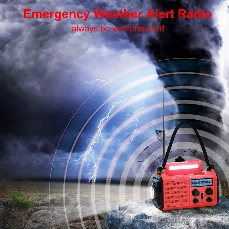 Portable Emergency Radio Hand Crank Solar AM/FM/SW/NOAA Weather Alert Radio 5000 Rechargeable with USB Charger, Flashlight, Reading Lamp, SOS Alarm, Headphone Jack, Survival Camping Gear Red